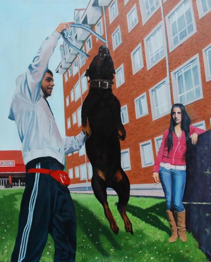 El Gallo, Terry a Yessy, z cyklu Mí přátelé a jejich psi, olej/plátno, 190x152 cm, 2008