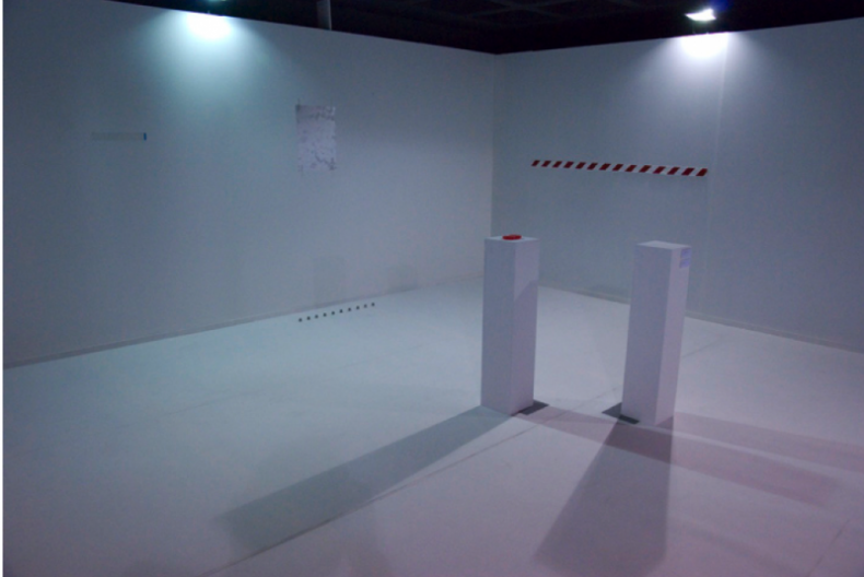 Mutace výstavou, 2010, instalace (hřebíky, lepicí páska, akrylový nátěr, sprej, kovové zarážky, akrylové kelímky, nerez, kola, pergamen, samolepky)