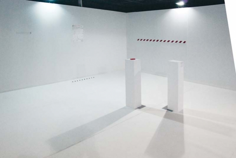 Mutation by Exhibition, 2010, installation (nails, tape, acrylic paint, graffiti spray, stops of metal, acrylic containers, stainless steel, wheels, vellum, stickers) 